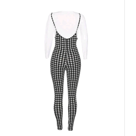 Letter Graphic Tee & Houndstooth Print Suspender Jumpsuit - Picture 2 of 5